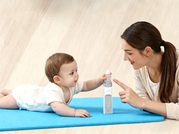 GROWNSY Electric Baby Nasal Aspirator - white and grey device with larger suction chamber, music and light functions